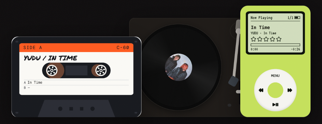 Three music player skins: a cassette tape, a vinyl turntable and a classic pocket player